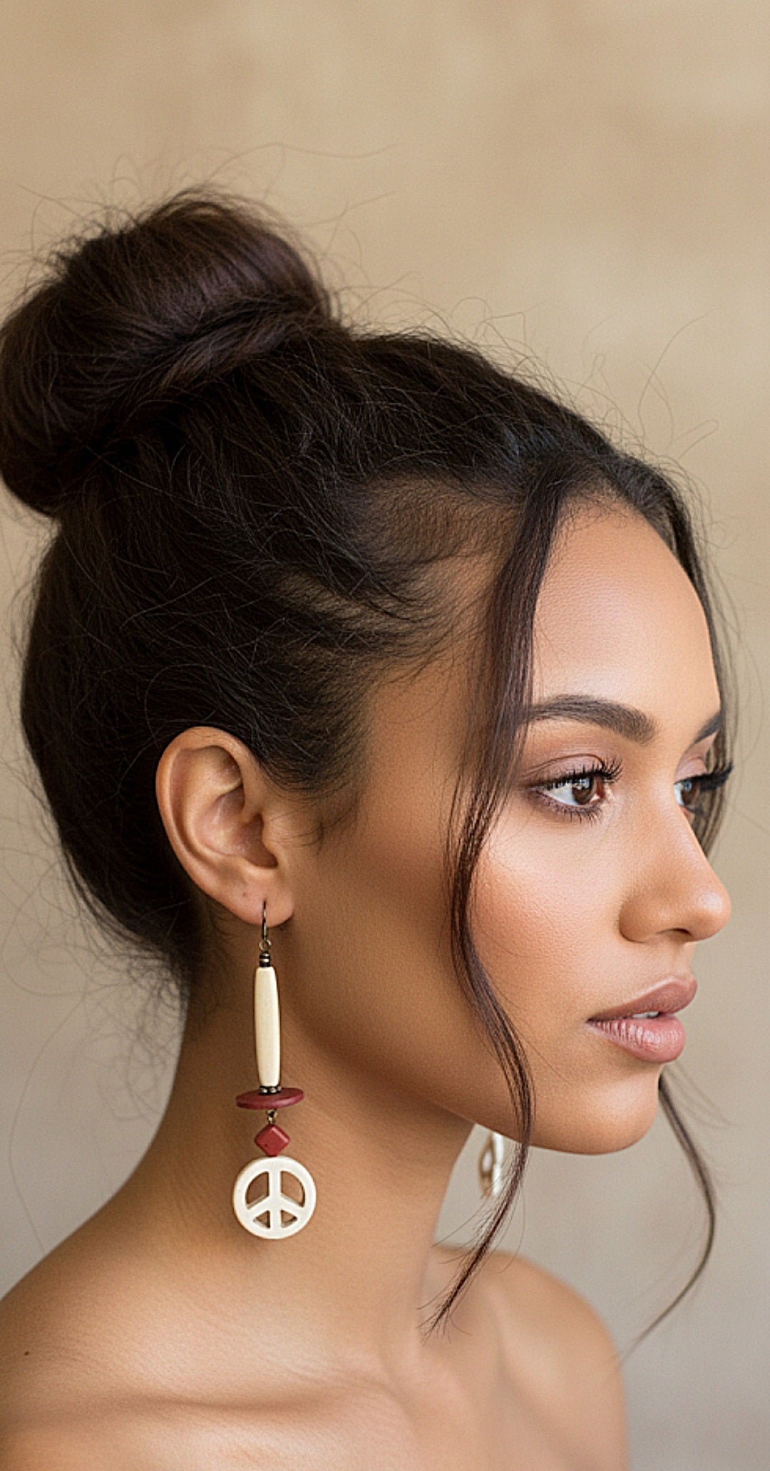 Bone Tube Red Accent Peace Dangle Earrings