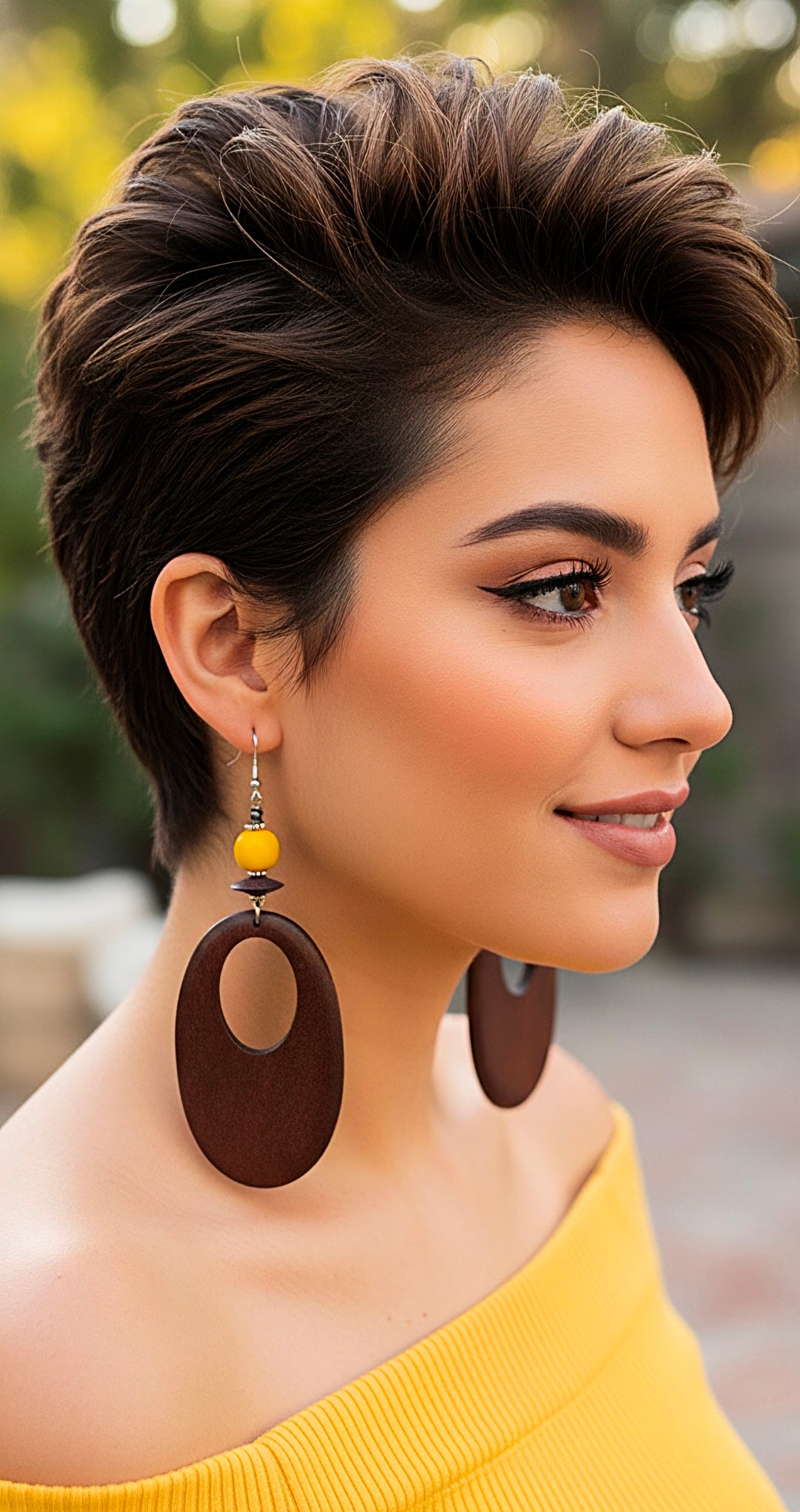 Brown Wood Oval Dangles with Yellow Accents