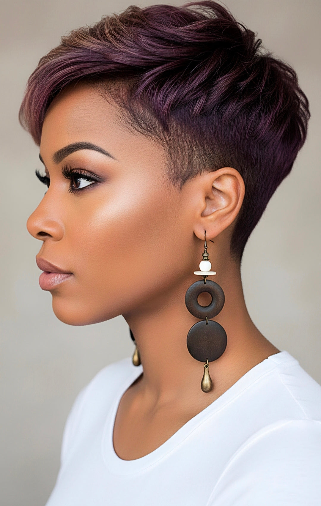 Woman with stylish short haircut and earrings against a neutral background