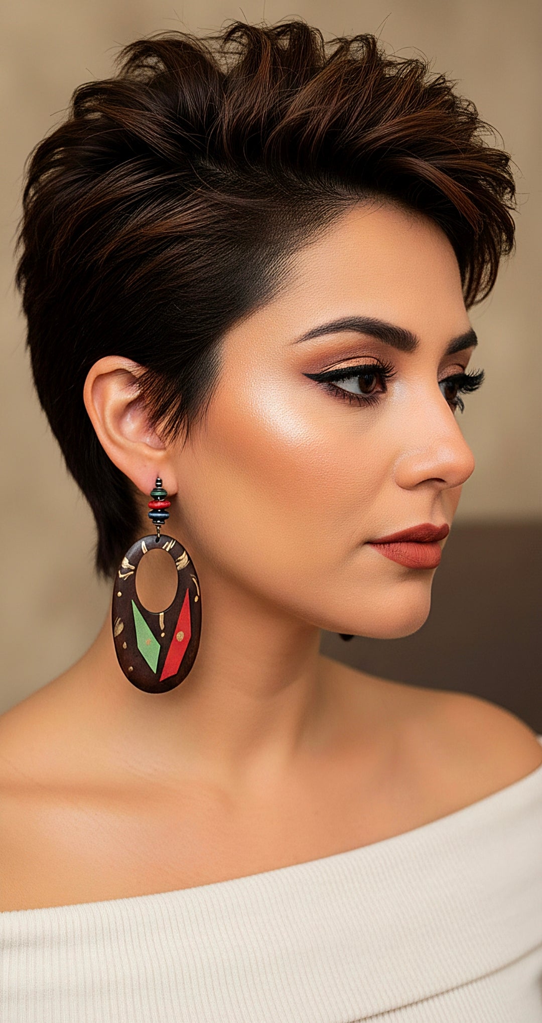 Brown Wood Oval Danglies with Leather and Paint Strokes