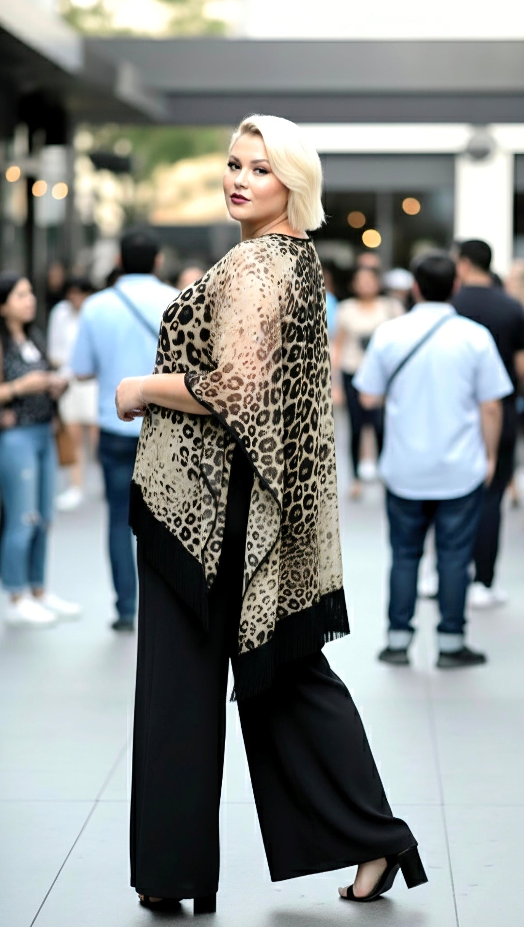 Chiffon Fringed Animal Print Poncho