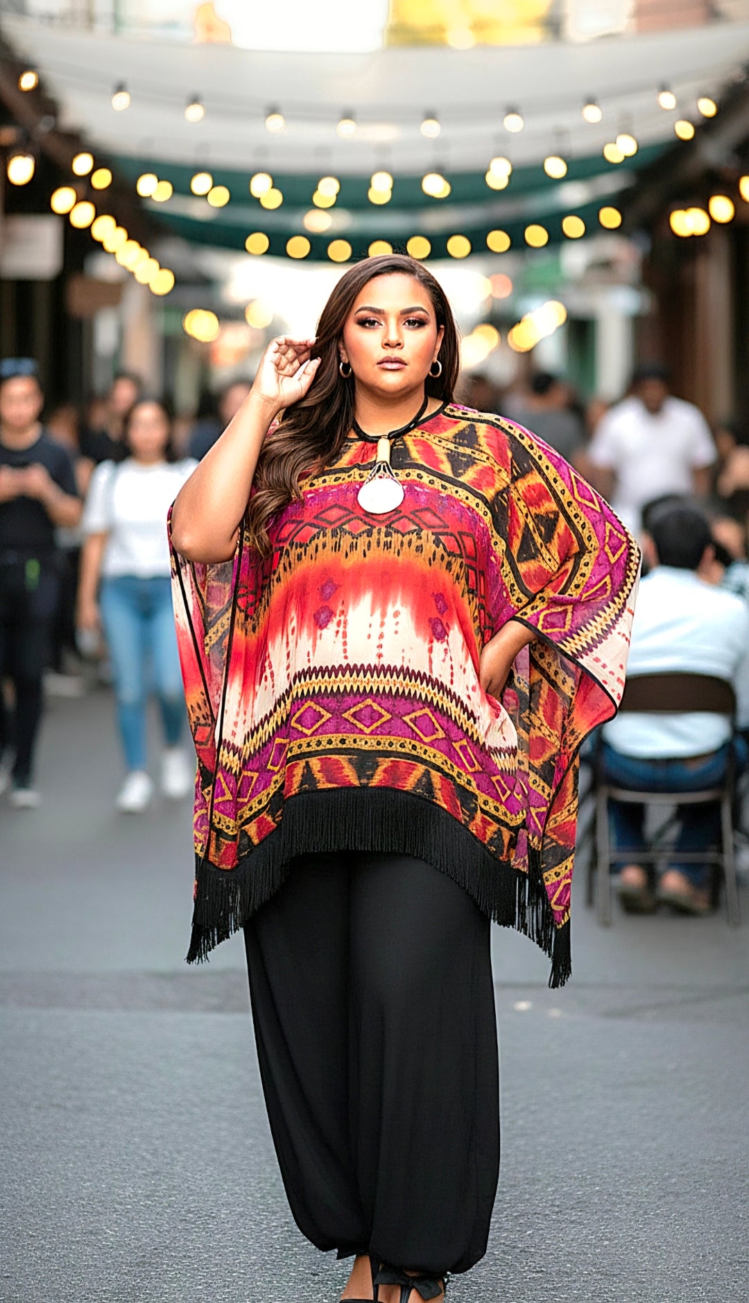 Chiffon Fringed Poncho Gold Black Purple