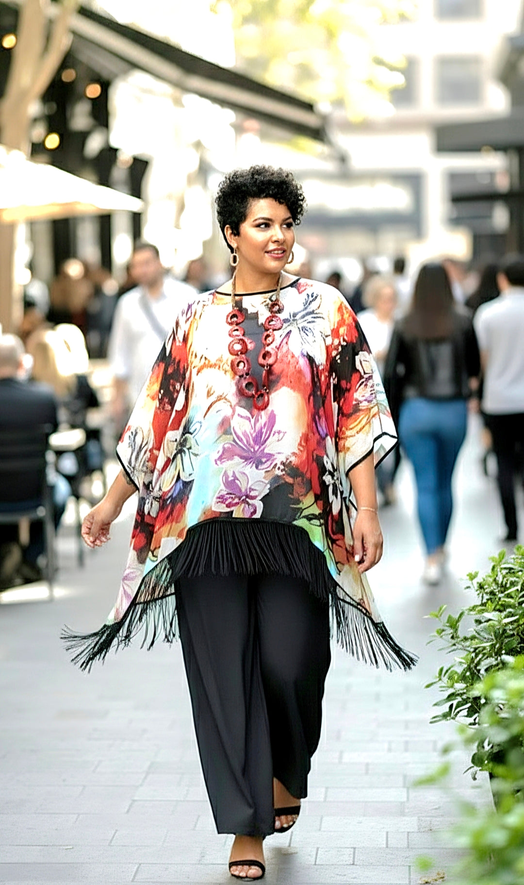 Chiffon Poncho Fringed Bold Red Floral