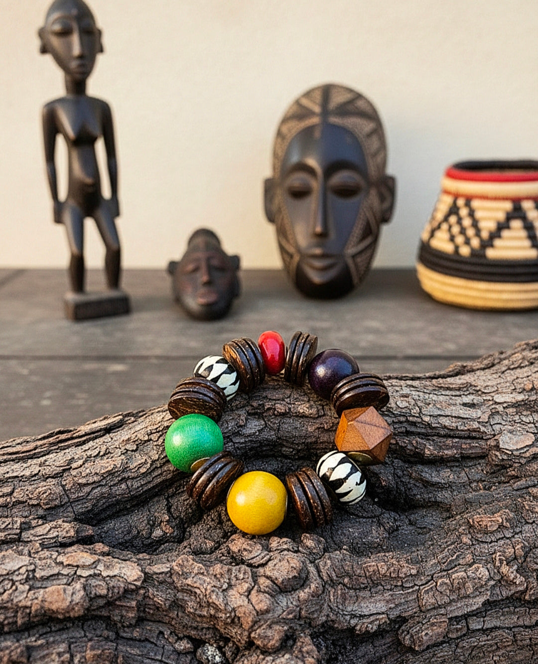 Colorful beaded bracelet on a wooden surface with African-themed decor in the background.