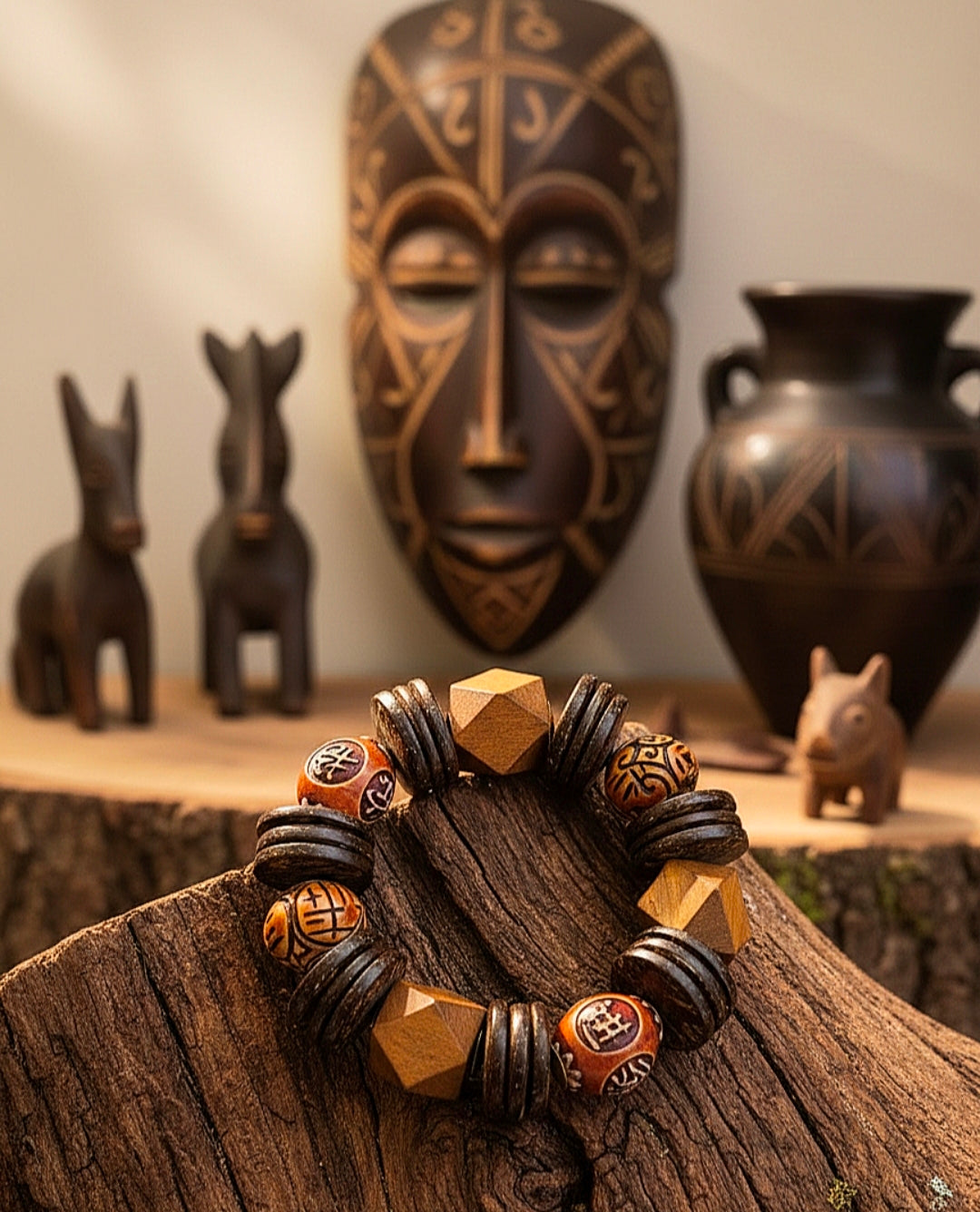 Beaded bracelet on a wooden surface with African art in the background