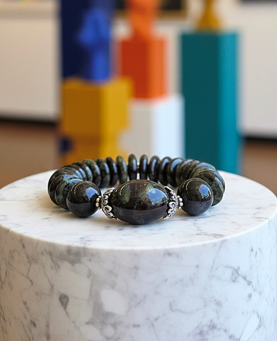 Chunky Painted Black Disc and Sphere Stretch Bracelet