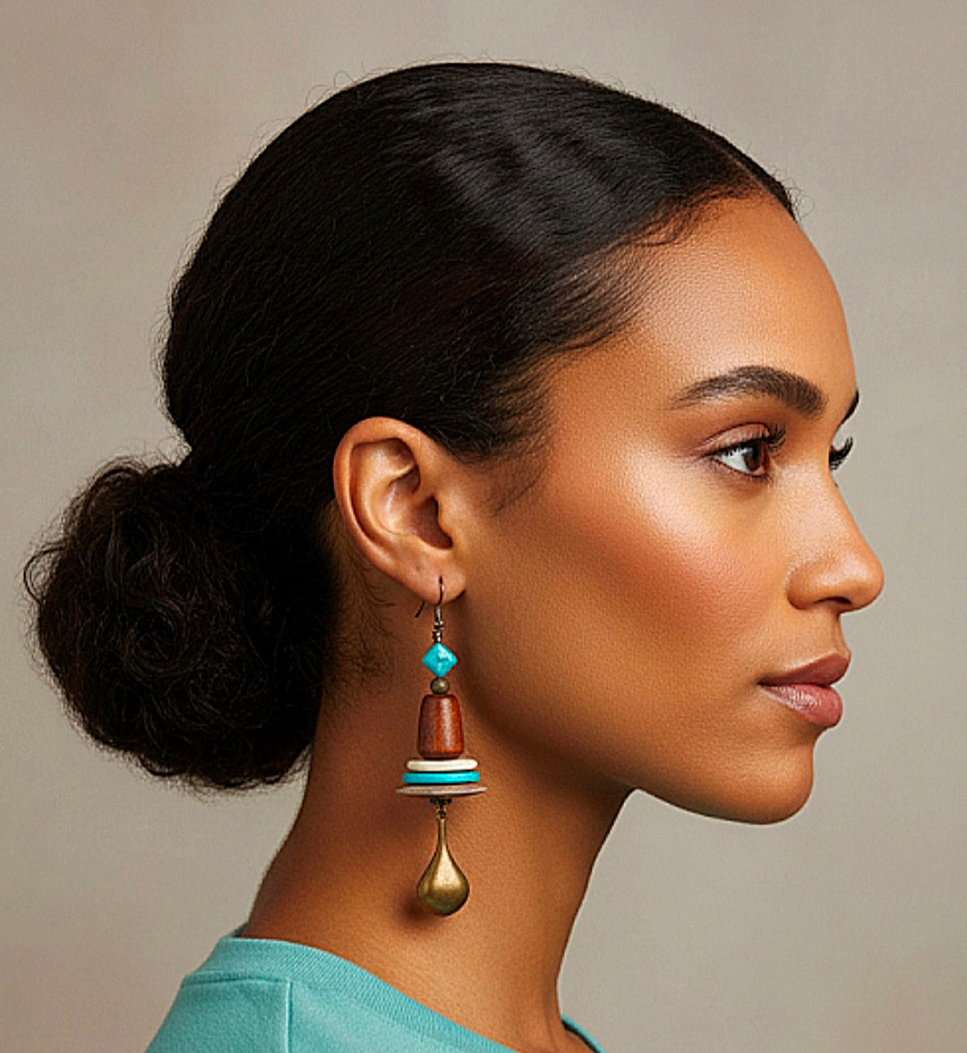 Wood Bone Turquoise Short Dangle Earrings