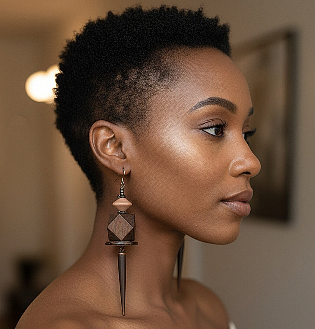 Dark Wood and Geometric Spike Dangle Earrings