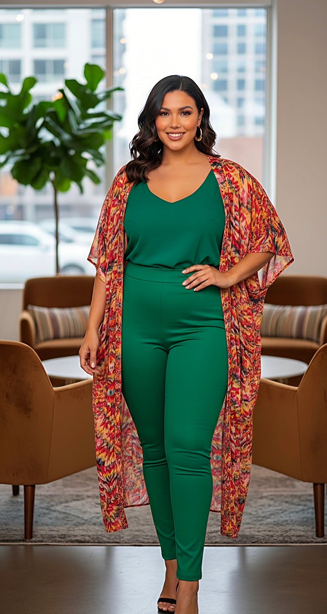 Maxi Kimono Red Multi-Colored Abstract Print