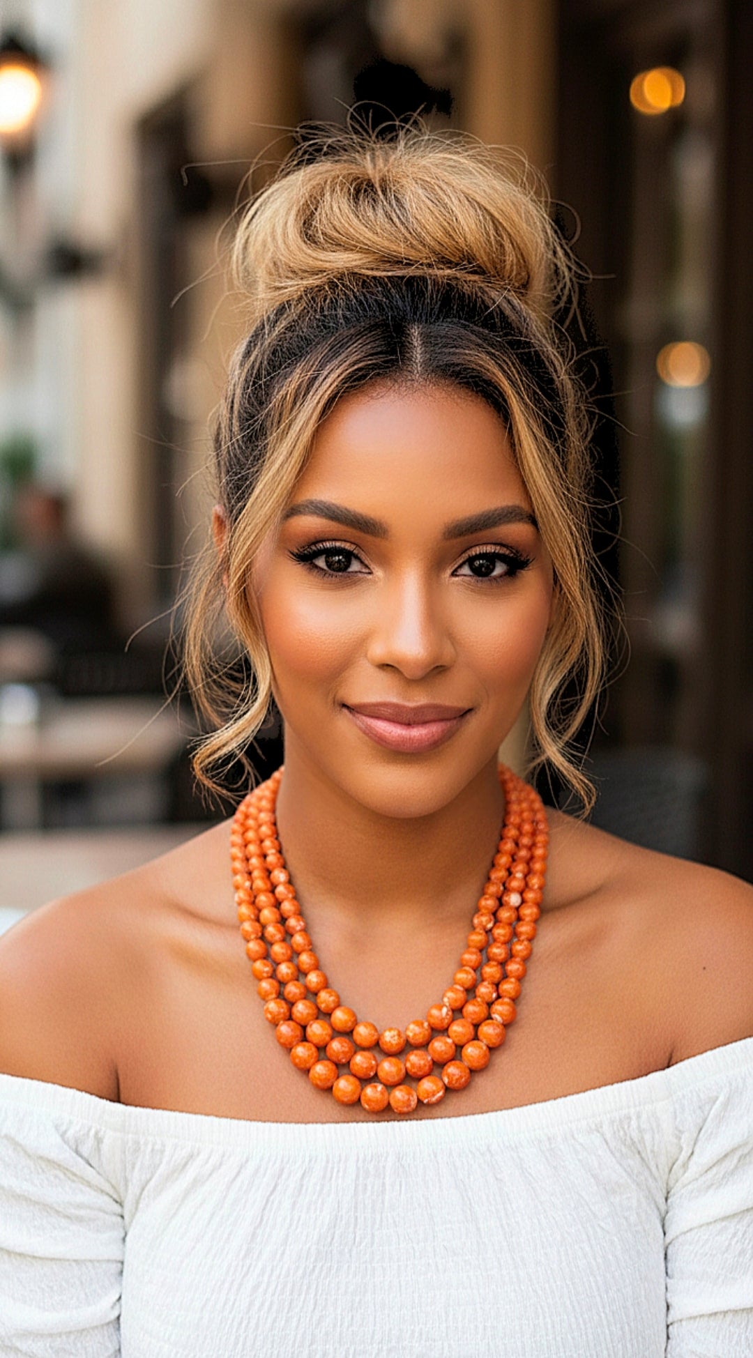 Multistrand Marled Orange Beaded Statement Necklace