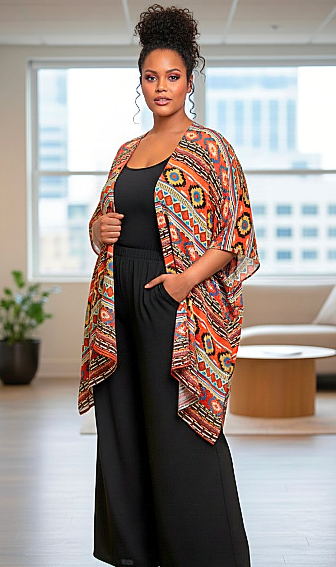 Short Kimono Orange Black Aztec Print