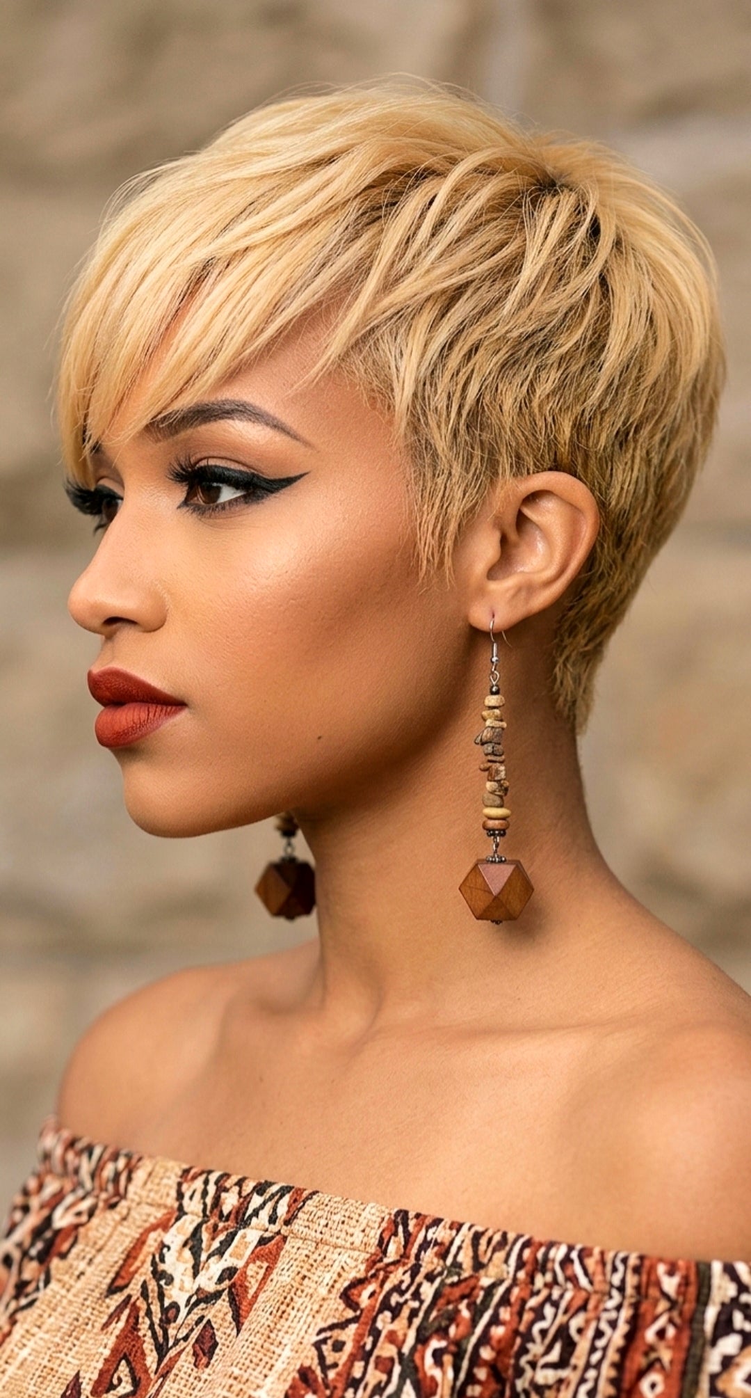 Handcrafted Stone Chip and Geometric Wood Dangle Earrings