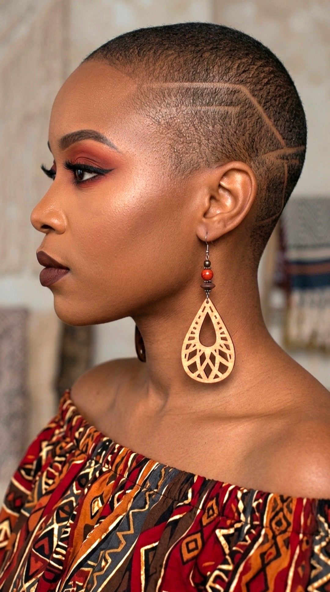 Tan Laser-Cut Wood with Red and Burgundy Accents Dangle Earrings