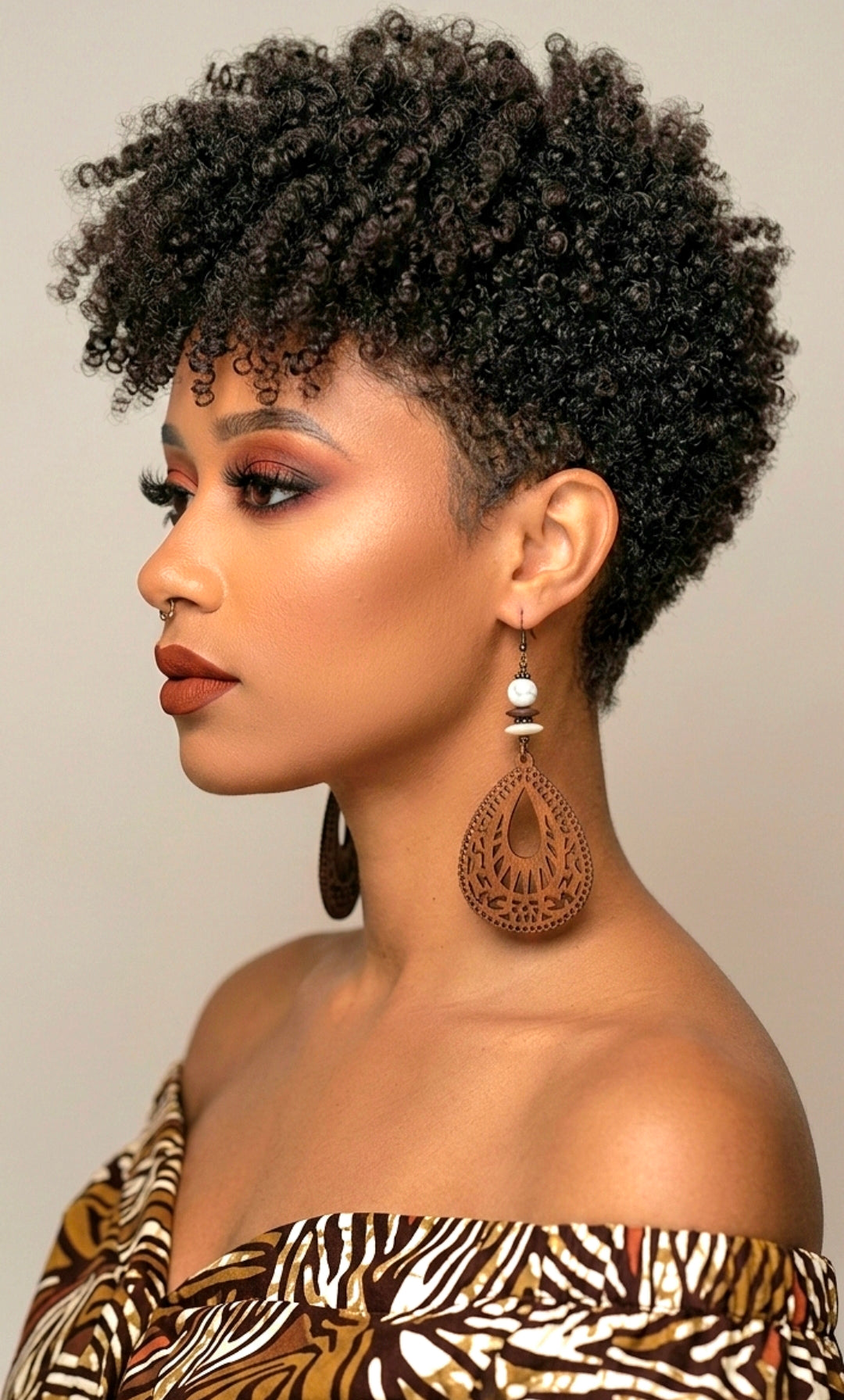Tan Laser-Cut Wood with Burgundy and White Accents Dangle Earrings