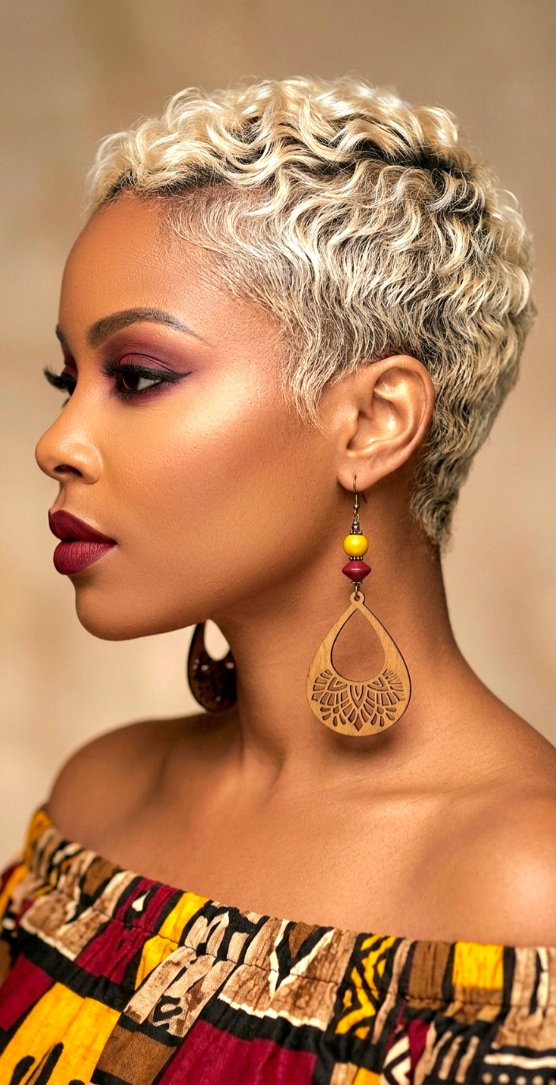Laser-Cut Wood with Yellow and Red Accents Dangle Earrings