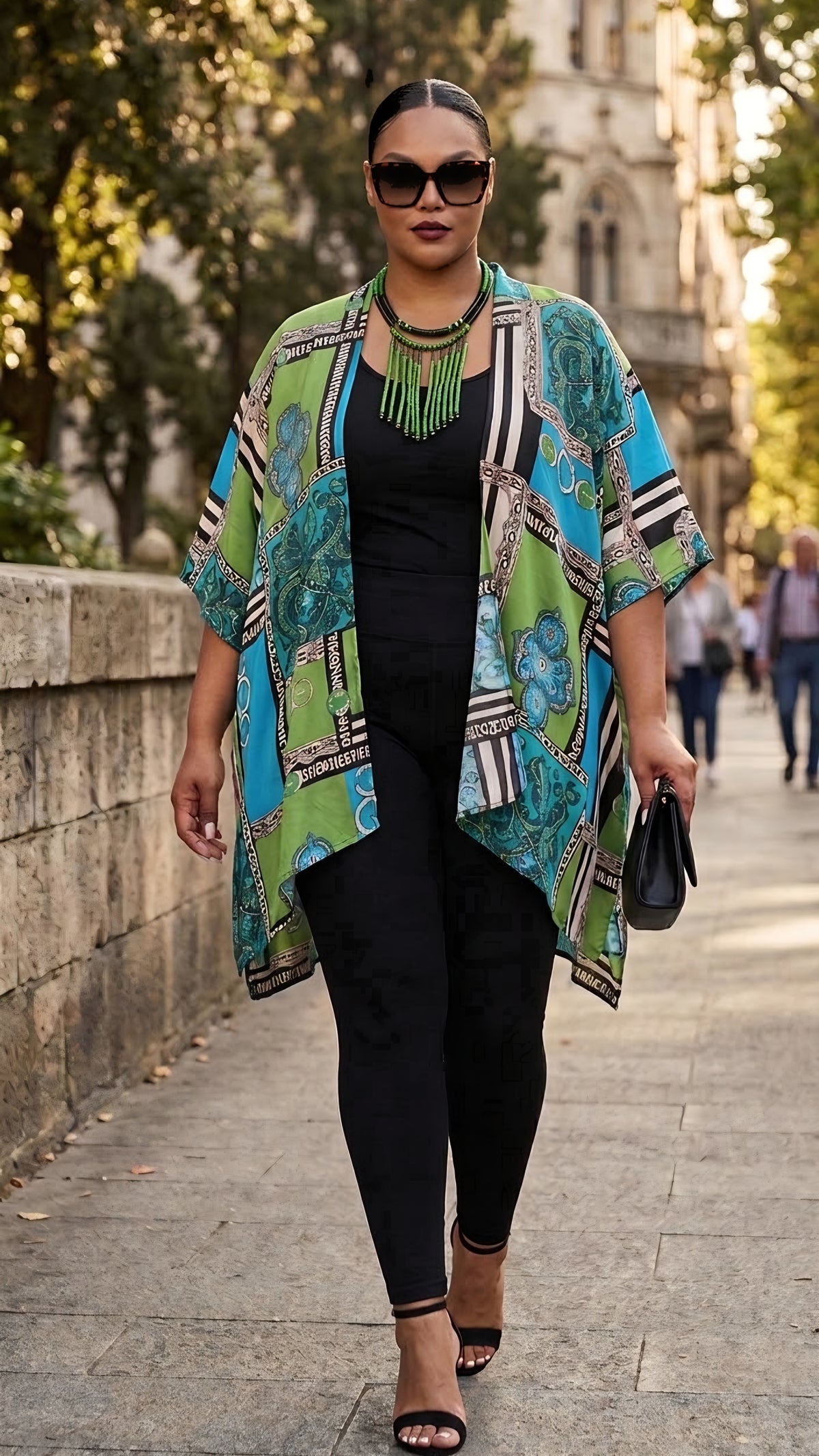Short Kimono Bold Blue Green Print