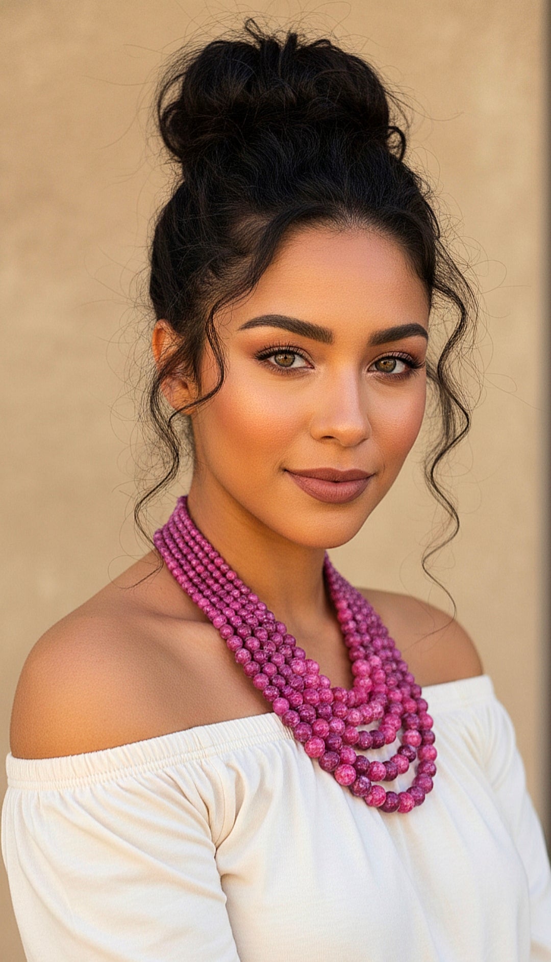 Multistrand Marled Fuchsia Beaded Statement Neklace