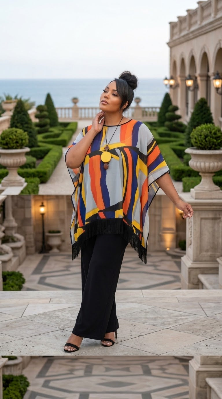 Chiffon Poncho Orange Purple Abstract Fringed Print