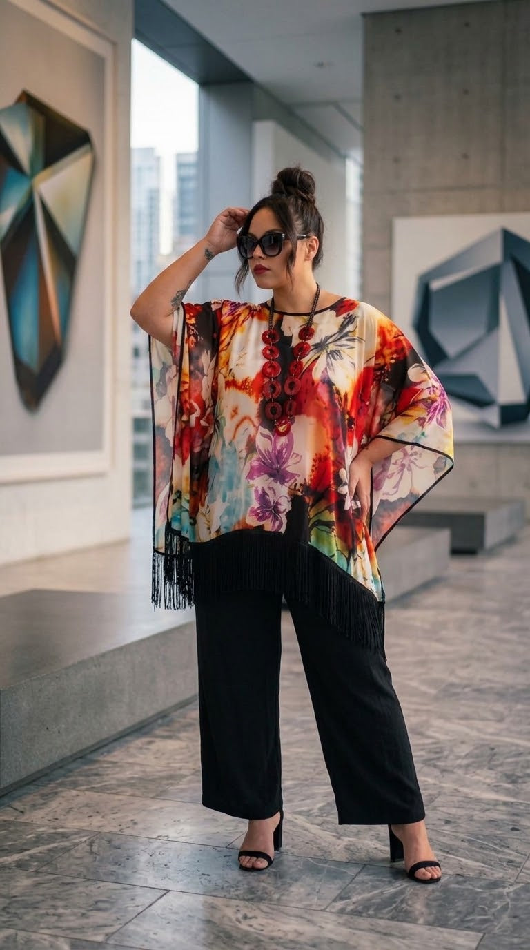 Chiffon Poncho Fringed Bold Red Floral