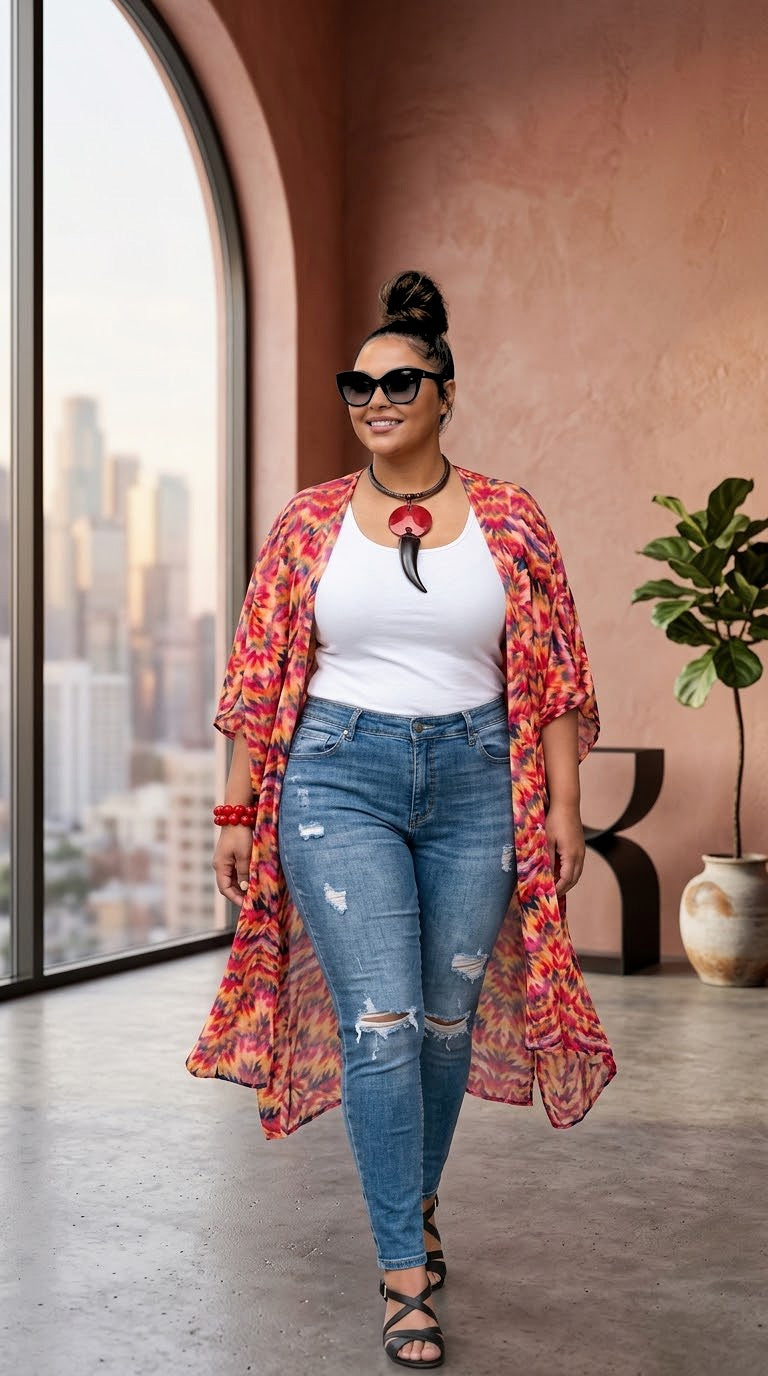 Maxi Kimono Red Multi-Colored Abstract Print