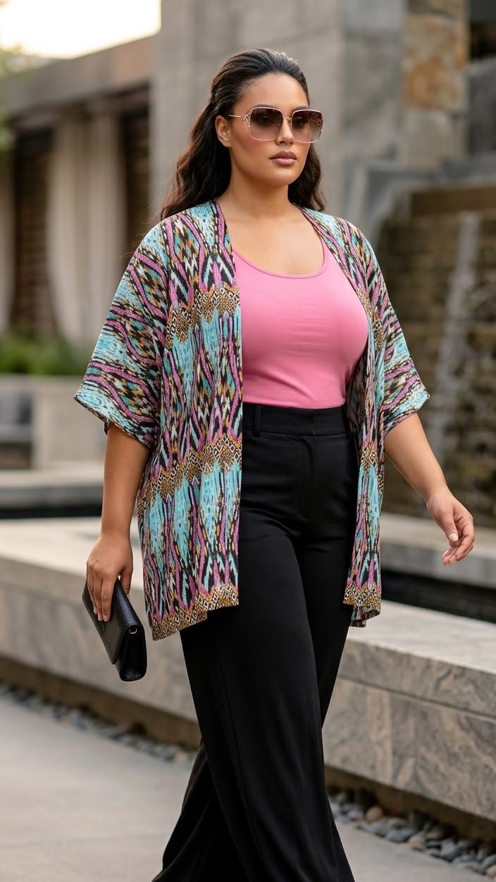 Short Kimono Pink Teal Black