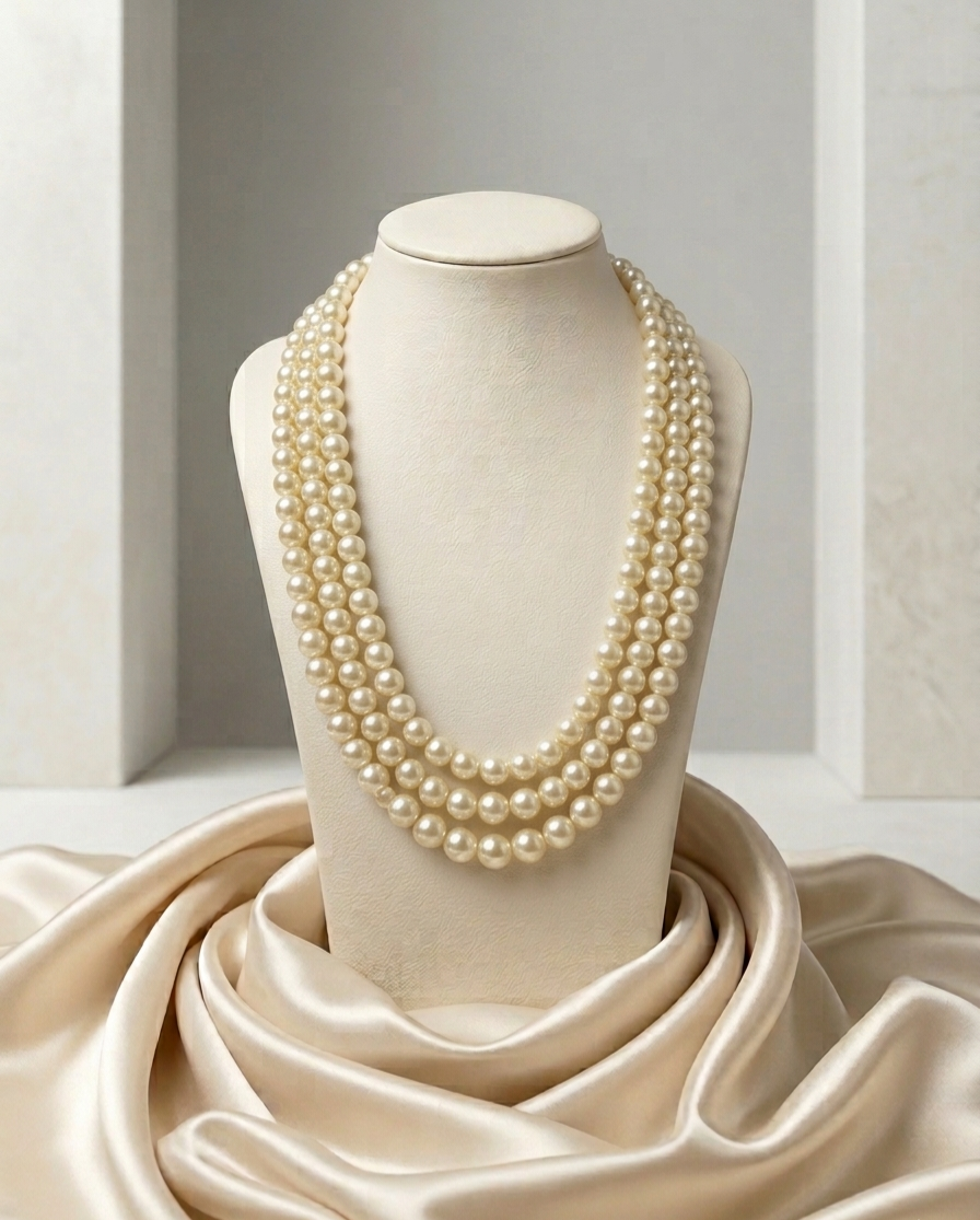 Pearl necklace on a mannequin bust with a beige fabric background