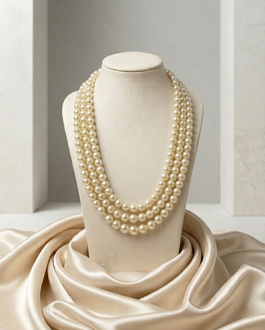 Pearl necklace on a mannequin bust with a beige fabric background