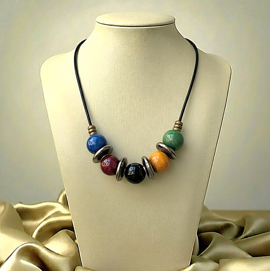 Vibrant 5-Bead Multicolored Necklace on a Leather Cord