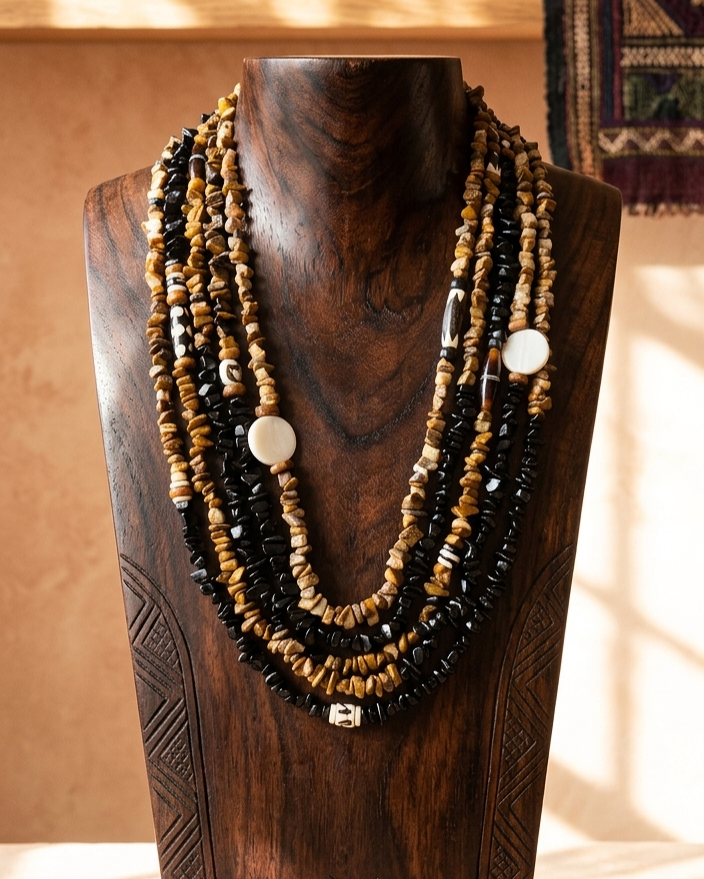multi strand batik bone and hip ethnic necklace