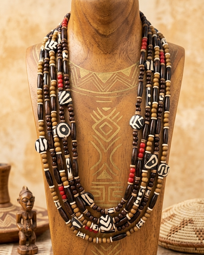5 strand batik bone and wood necklace