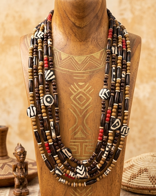 5 strand batik bone and wood necklace