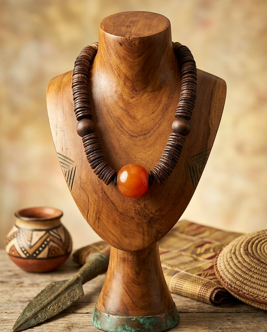Resin Amber Pendant and Coconut Shell Disc Necklace