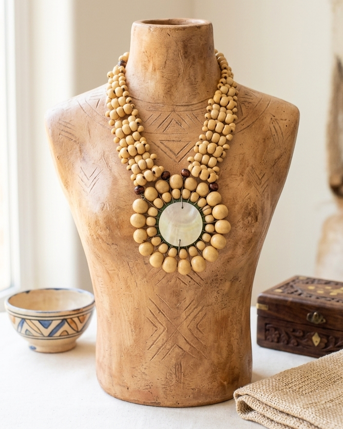 Imported Wood and Shell Pendant Necklace Tan