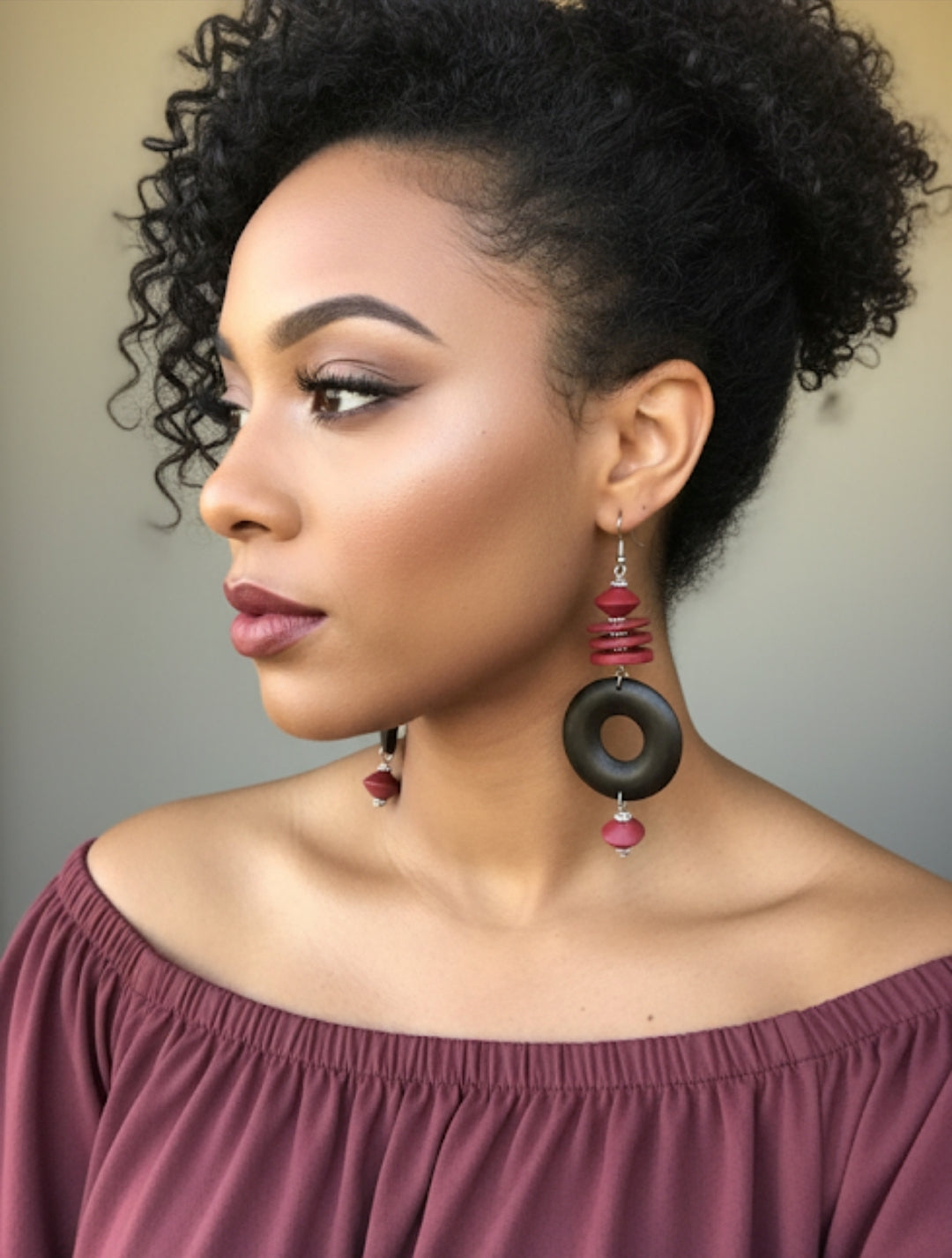 Black Donut and Red Accent Wood Earrings
