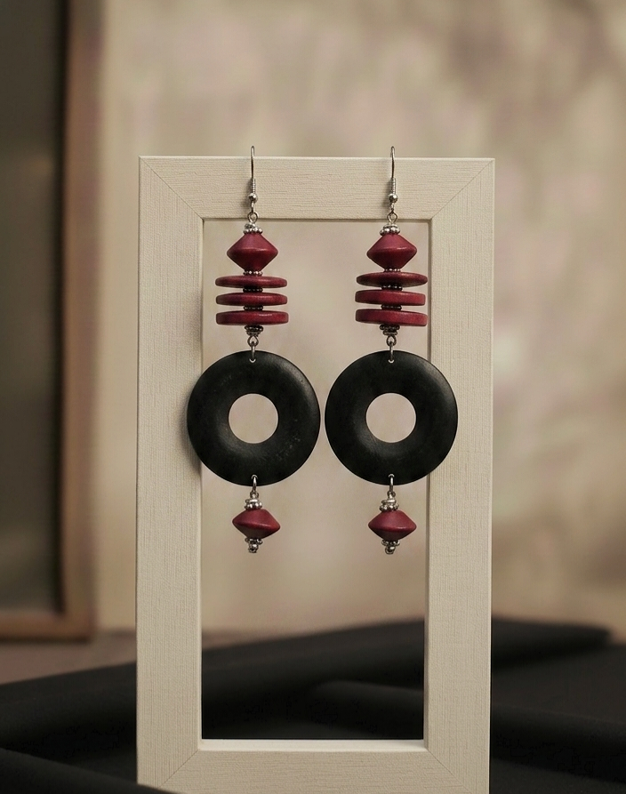 Black Donut and  Red Coconut Shell Dangles