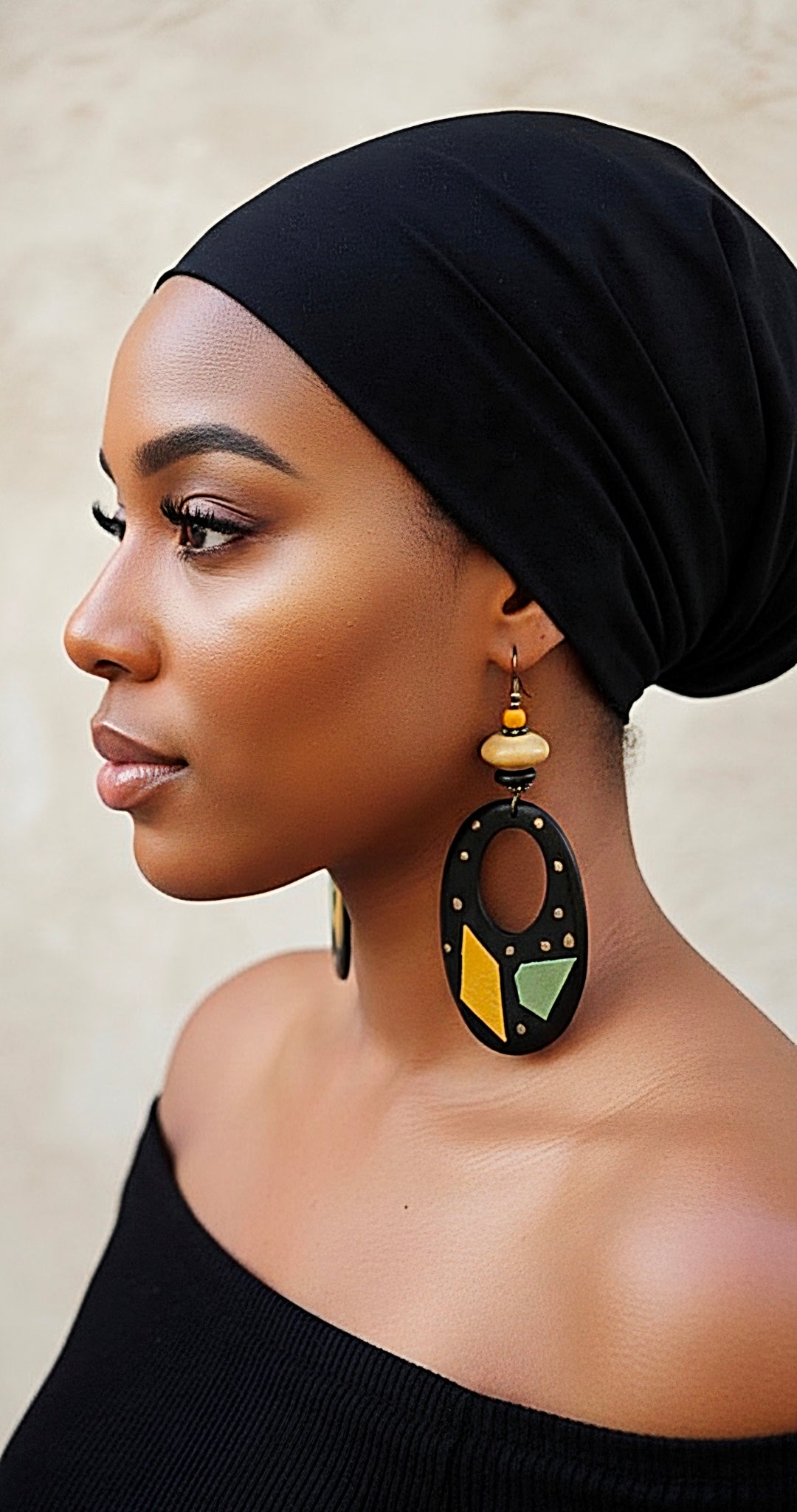 Black Wood Oval Dangles with Leather and Paint Strokes