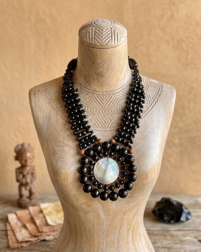 Imported Wood and Shell Pendant Necklace Black