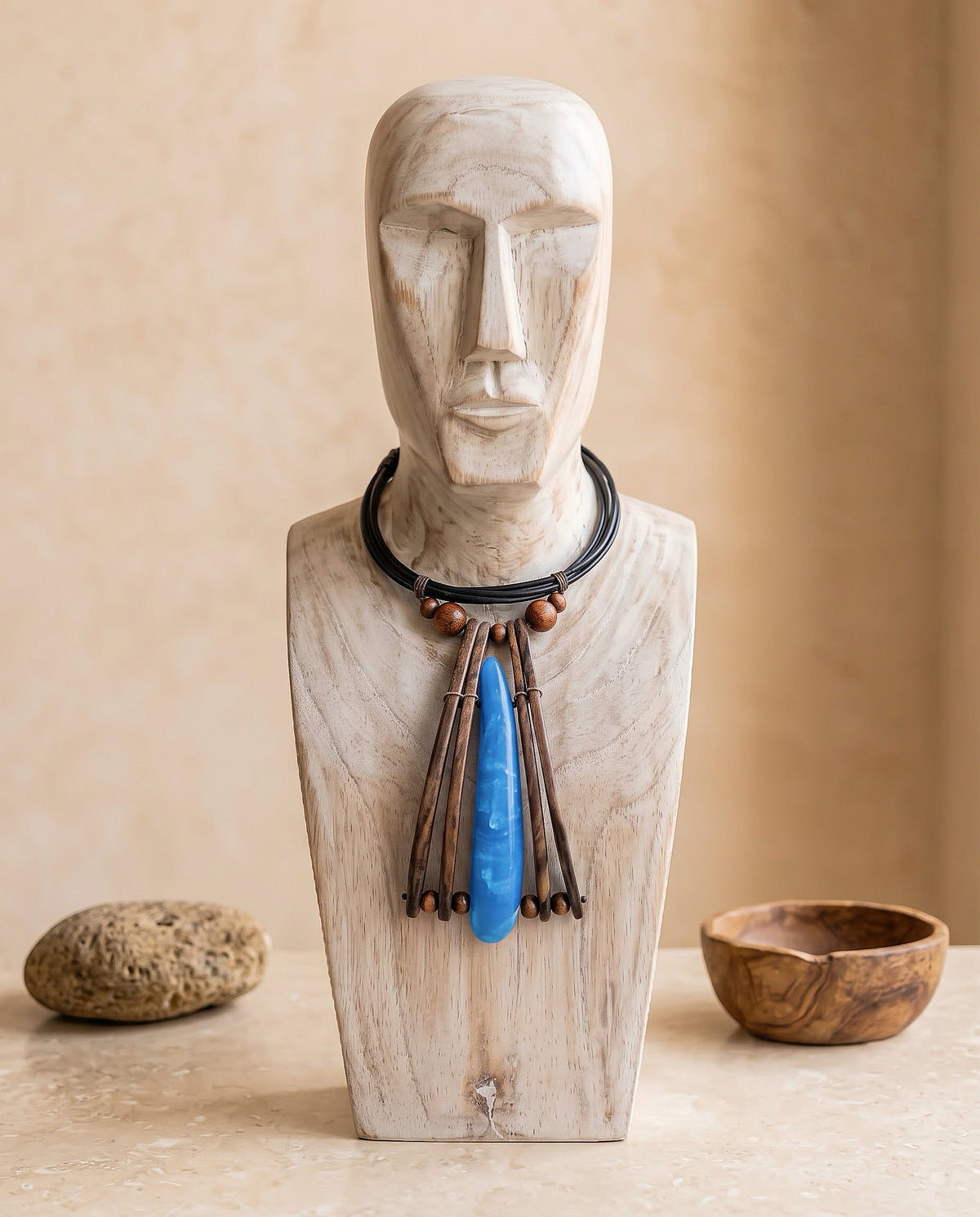 Navy Bone and Wood Statement Necklace