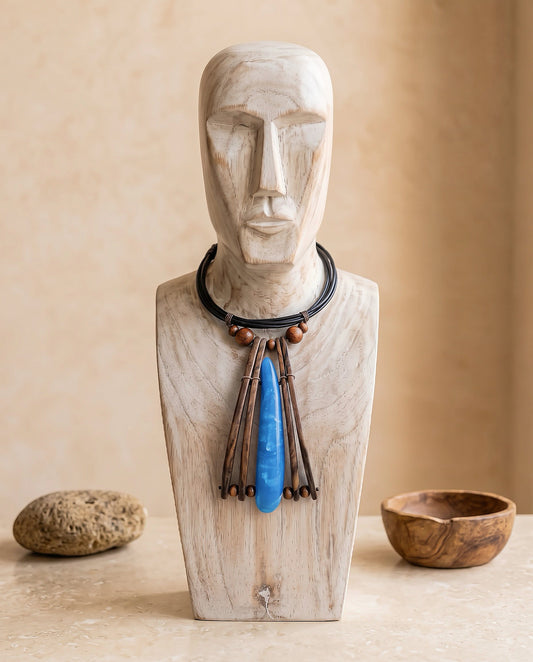 Navy Bone and Wood Statement Necklace