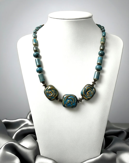 Artisan Blue Rosette Porcelain Beaded Necklace