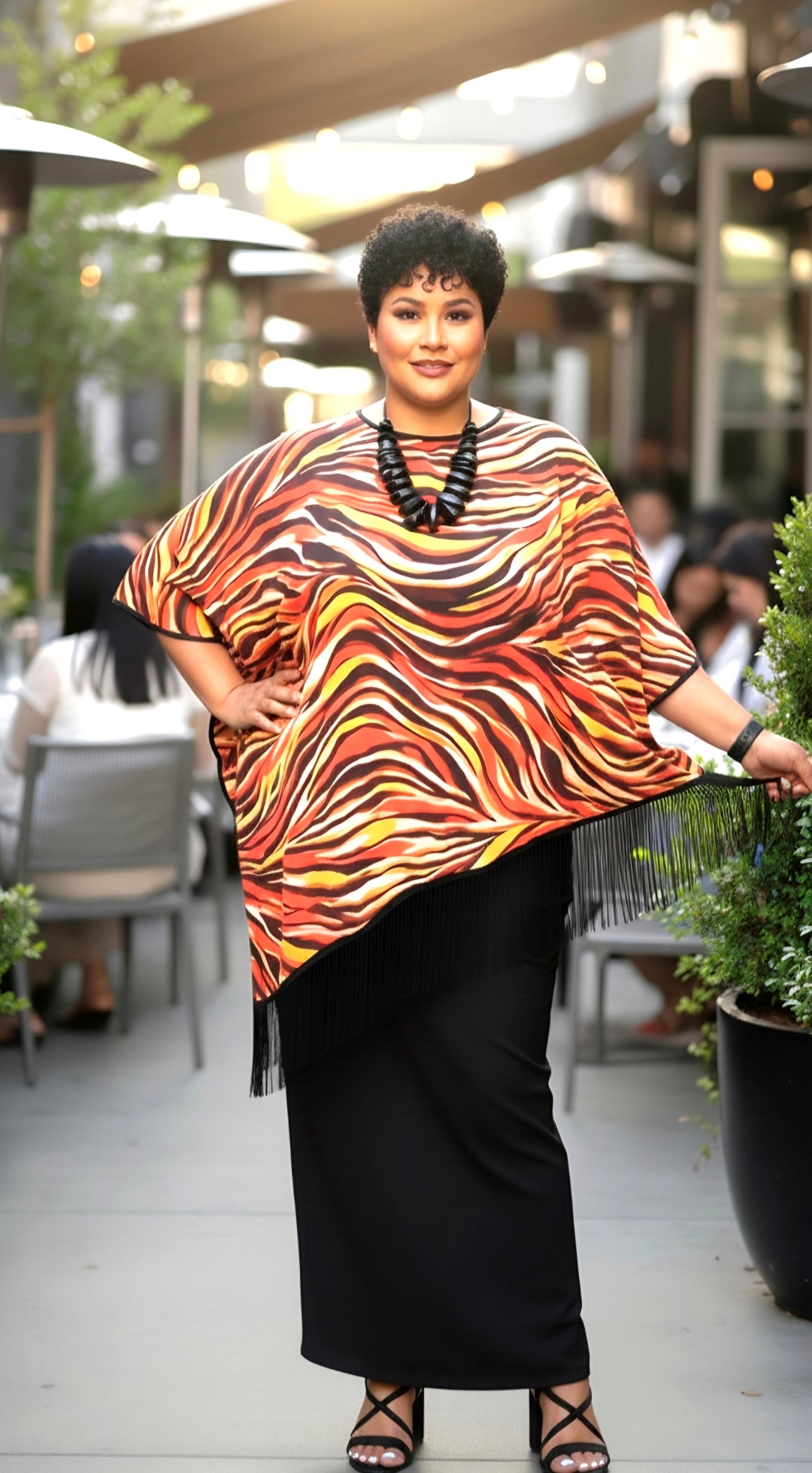 Chiffon Poncho Fringed Abstract Swirl