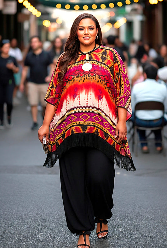 Woman wearing a colorful patterned outfit walking on a street.