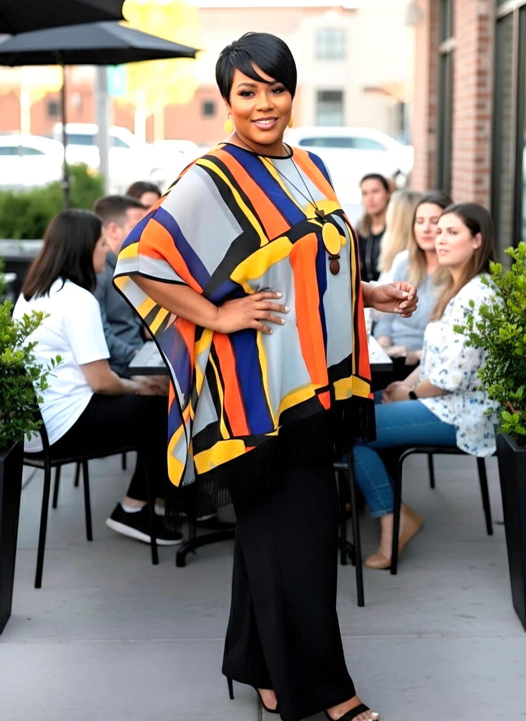 Chiffon Poncho Orange Purple Abstract Fringed Print