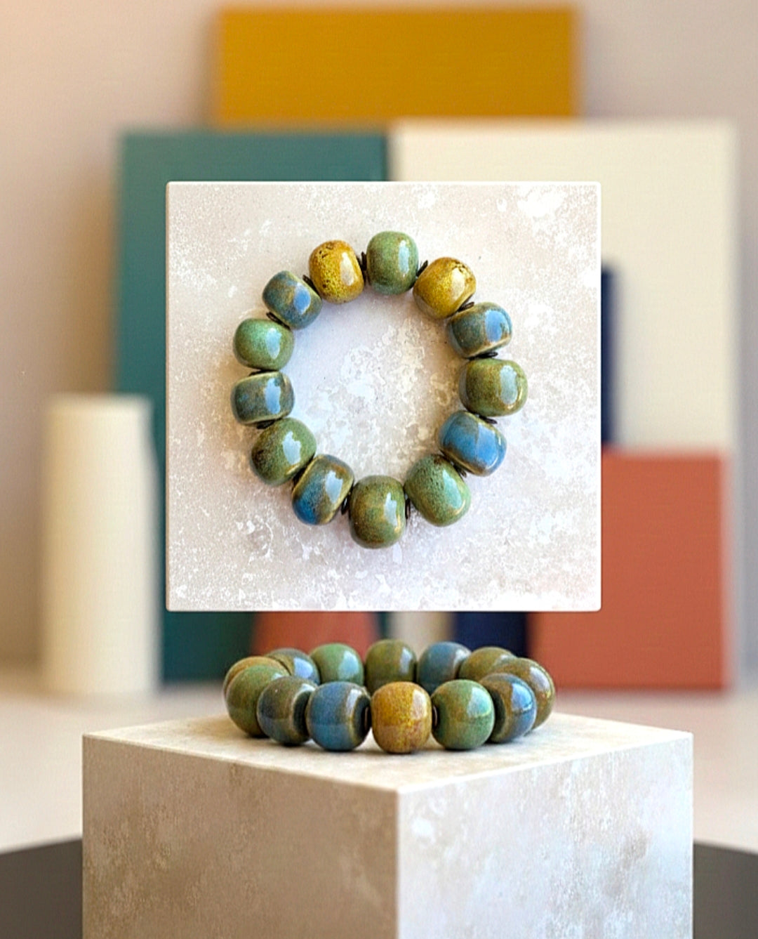 Chunky Blue Green and Gold Rondelle Stretch Bracelet