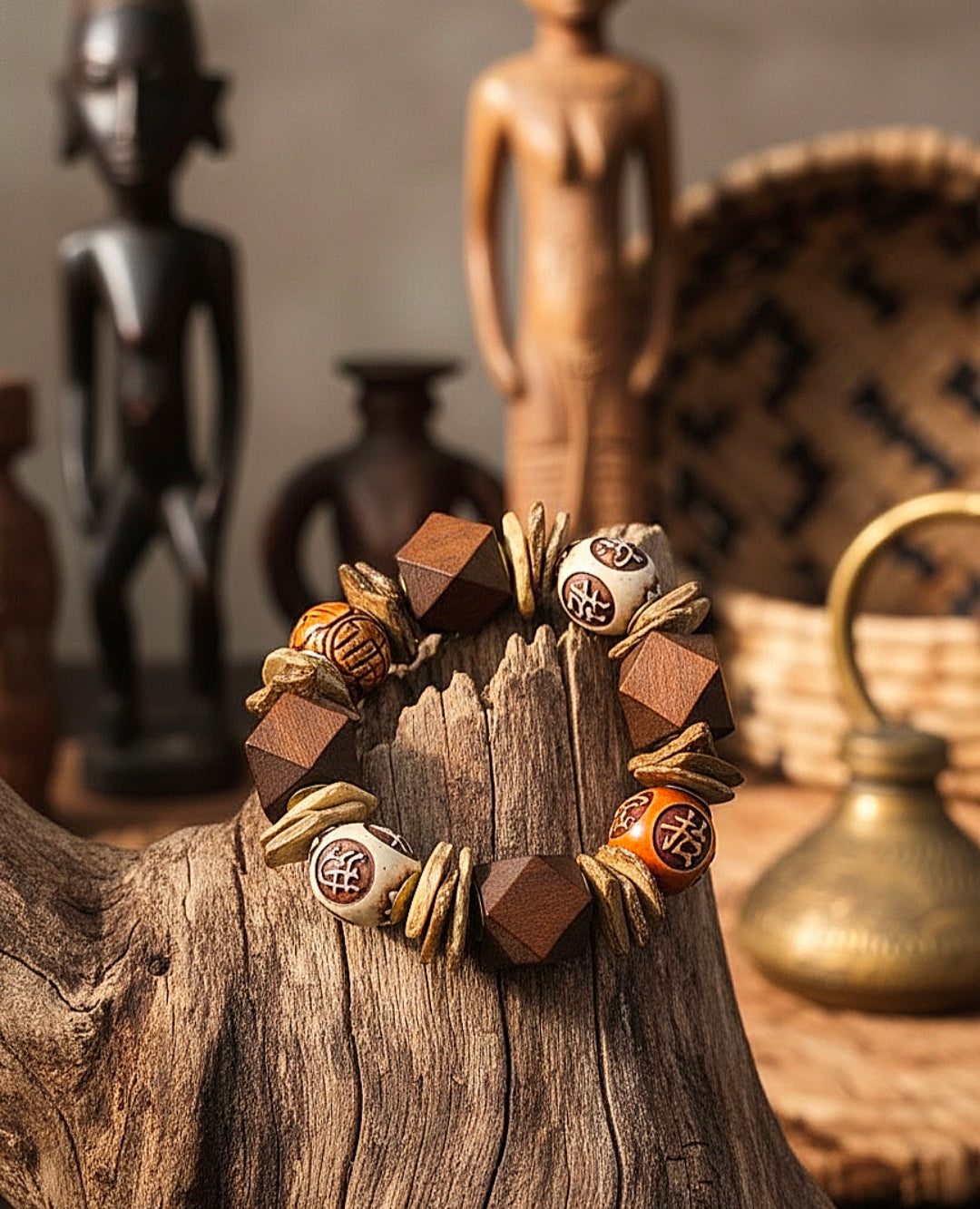 Wooden bracelet with geometric beads on a wooden surface with decorative background