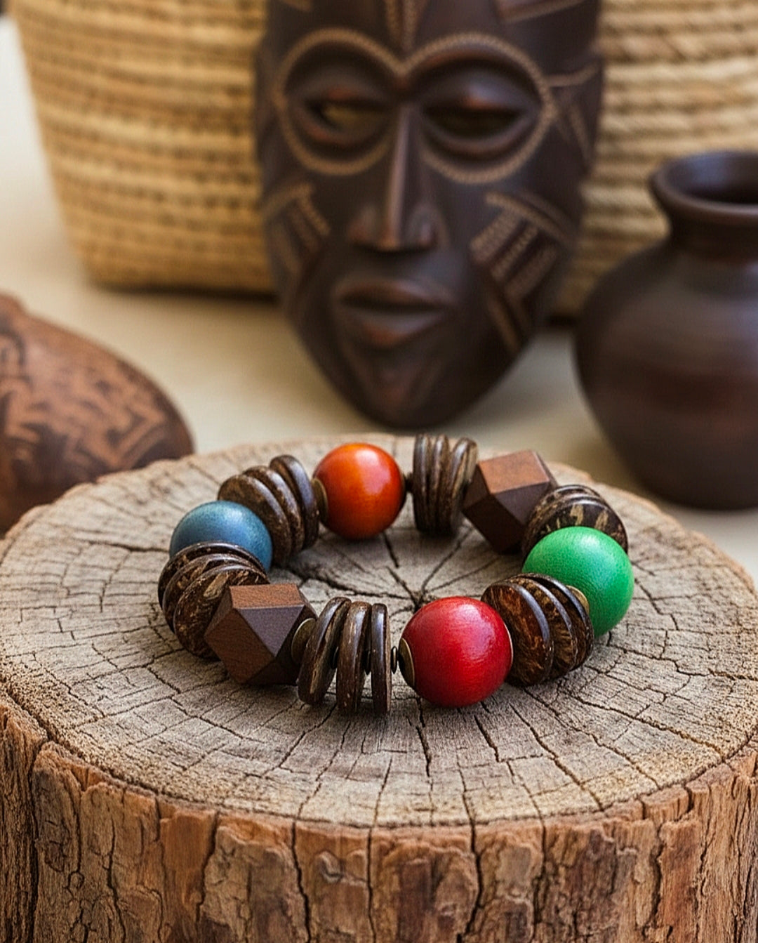 Colorful beaded bracelet on a wooden surface with tribal mask and pot in the background