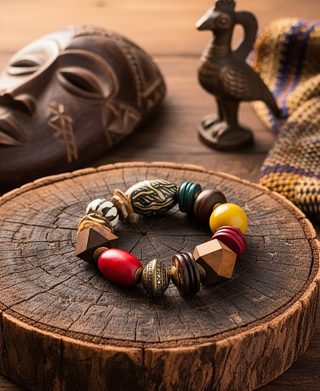 Colorful beaded bracelet on a wooden surface with tribal mask and figurine in the background
