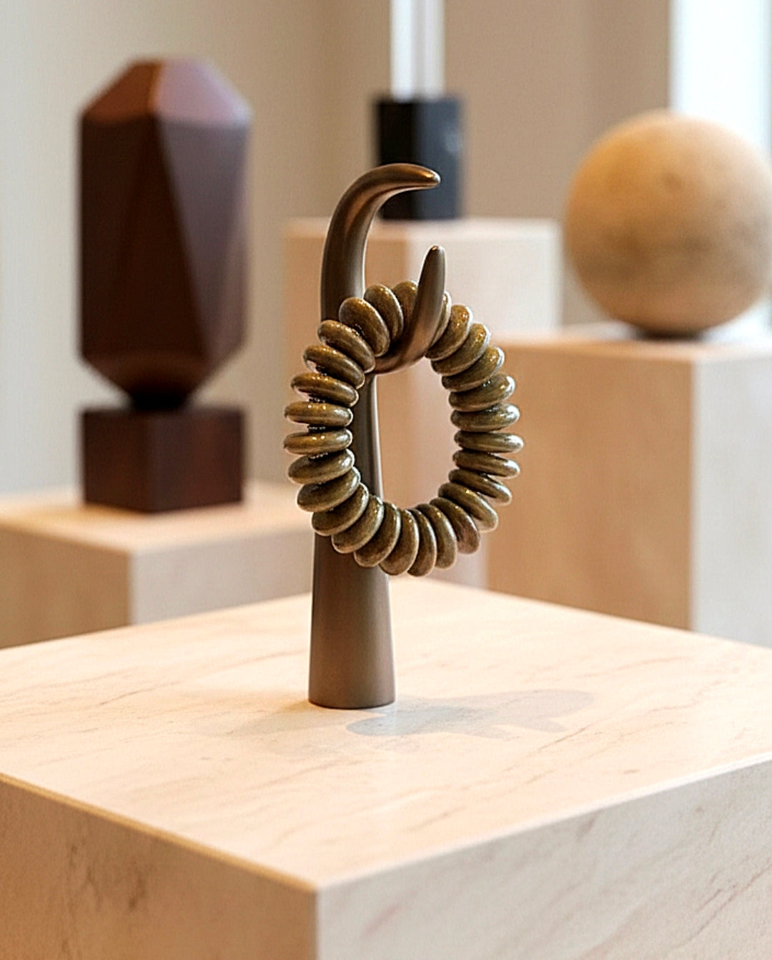 Decorative sculpture with spiral design on a wooden surface