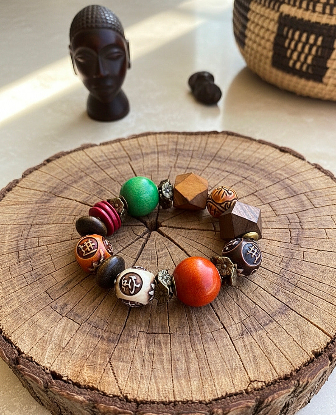 Bracelet with colorful beads on a wooden surface