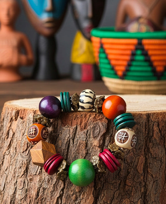 Colorful beaded bracelet on a wooden surface with decorative masks and a bowl in the background